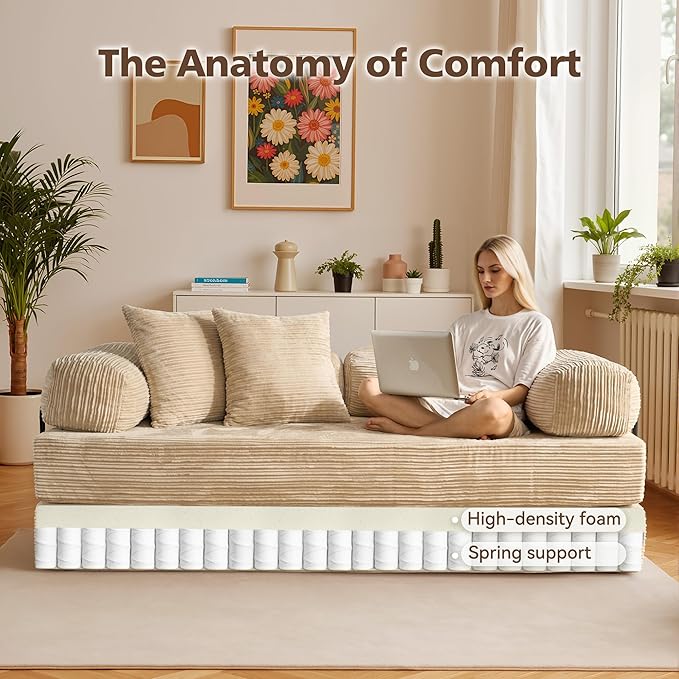 4-in-1 Folding Sofa Bed 78 Oversized Corduroy Sleeper Chair Convertible Loveseat to Floor Bed with Storage Pockets Boneless Design for Living Room Bedroom &amp Small Spaces