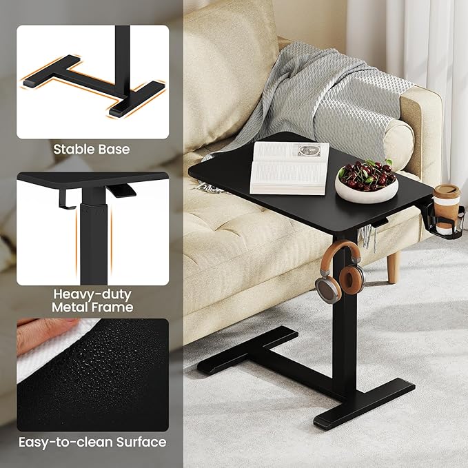 GOFLAME Rolling Standing Desk C Shaped End Table Adjustable Height with Hidden Wheels Cup Holder &amp Headphone Hook Mobile Sofa Couch Bed Side Table for Living Room Home Office (Black)