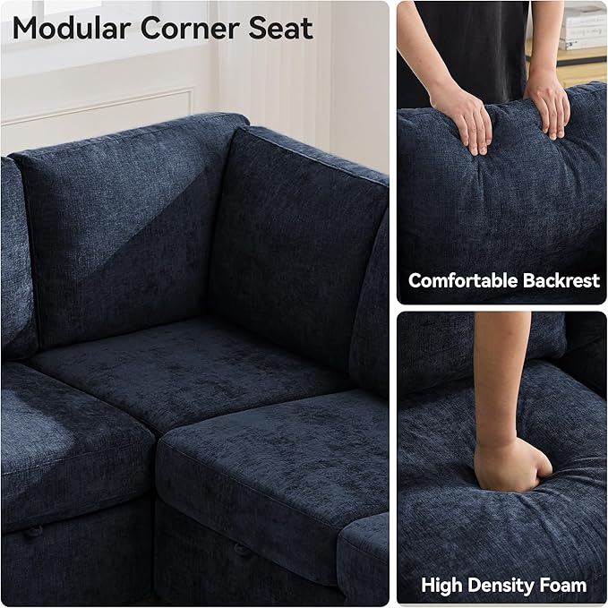 104'' V Shaped Modular Sofa Sectional Couch with Storage for Living Room Modern 7 Seater Cloud Sectional Couch with Movable Ottoman Chenille Navy