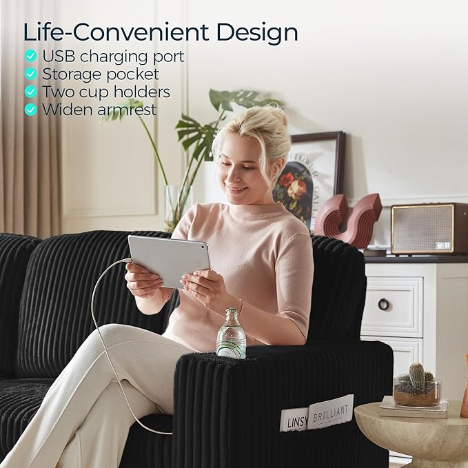 LINSY HOME Sectional Sleeper Sofa with Pull Out Couch Bed - Convertible Plush Corduroy Cloud Couch with Storage Chaise &amp USB Charging Comfy L Shaped Modular Couches for Living Room Apartment Bla