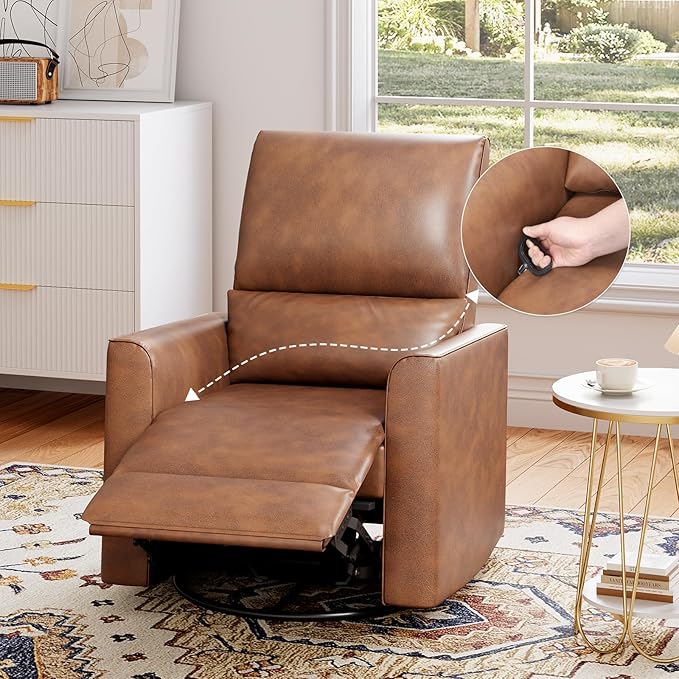 GAOMON Swivel Rocking Recliner Chair Manual Leather Recliner Glider with Lumbar Support &amp Padded Armrest Comfortable Rocker Nursery Single Sofa for Living Room and Bedroom (Brown)