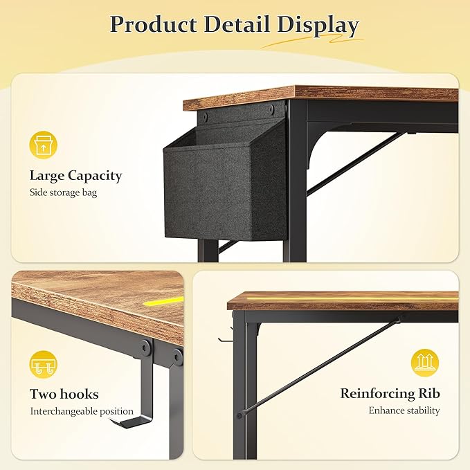 71 Inch Computer Desk with LED Lights Office Desk for Home Office Study Desk Writing Table with Storage Bag Headphone Hook Rustic Brown