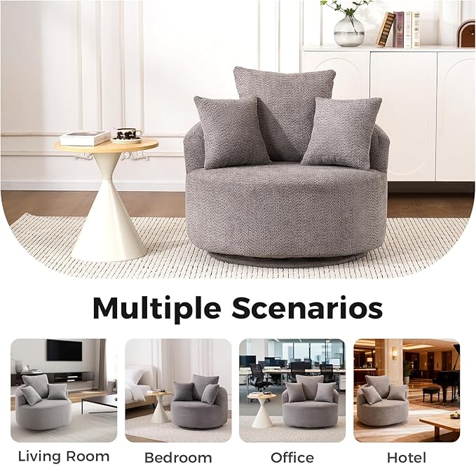 360°Swivel Accent Barrel Chair - 38.6W Boneless Oversized Upholstered with 3 Removable Pillows High-Resilience Sponge &amp Tuck Stitch Fabric Comfy Round Sofa Chair for Living Room Bedroom Apartm
