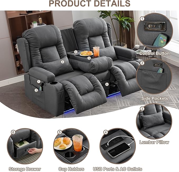 TUNYI Power Loveseat Recliner Sofa with Massage &amp Heat Home Theater Seating with Console RV Recliner Loveseat Sofa with USB/Storage/Side Pocket/LED Light/Speaker (Dark Grey Loveseat)