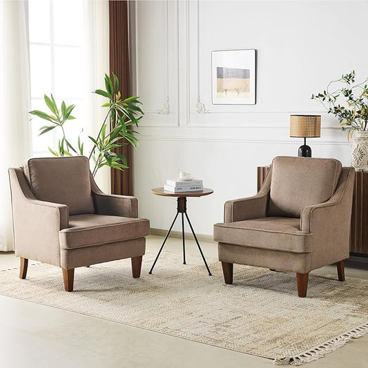 VINGLI Mid-Century Accent Chairs Set of 2 Light Brown Upholstered Armchair Comfy Sofa Chairs Reading Chair High Back Living Room Bedroom Furniture for Apartment