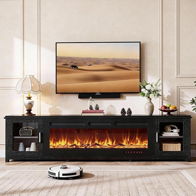 90 Fireplace TV Stand with WI-FI Enabled Modern 60 Smart Fireplace Entertainment Center Fire Place TV Console Adjustable 12-Color LED Lights for Living Room Black