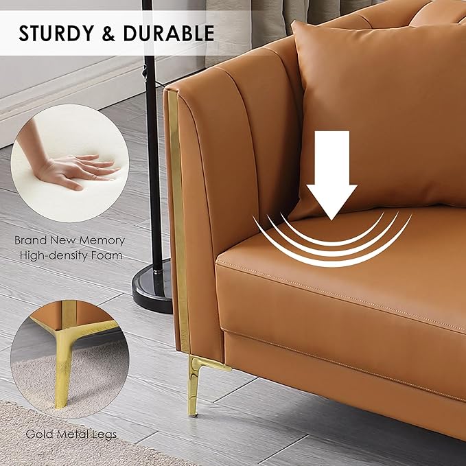 FOTOSOK Leather Couch Sofa Office Couches 78'' Apartment Faux Leather Sofa with 2 Throw Pillows &amp Gold Metal Legs Waterproof 3 Seater Couches for Small Living Room Affordable Luxury Design