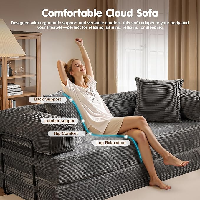 81″ Convertible Sleeper Sofa Bed with Pillows Corduroy Foldable Mattress Couch with Fixed-Shape Frame Futon Sofa Bed Boneless Couch for Living Room Bedroom Lounge Studio Gray