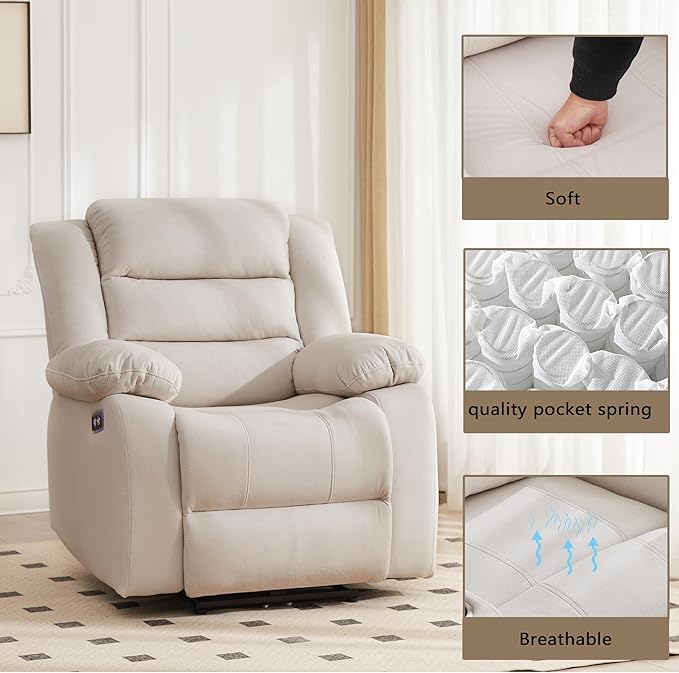 Power Recliner Chair Recliner for Adults Upholstered Soft Fabric Reclining Sofa Chair for Living Room(Beige)