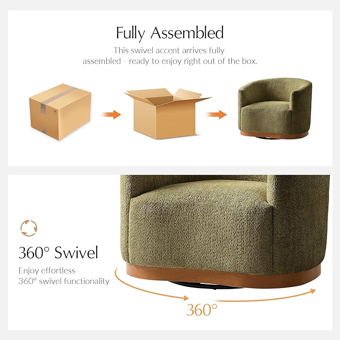 HULALA HOME Chenille Swivel Accent Chair Fully Assembled Comfy Upholstery Barrel Armchair with Sturdy Solid Wood Base Moss