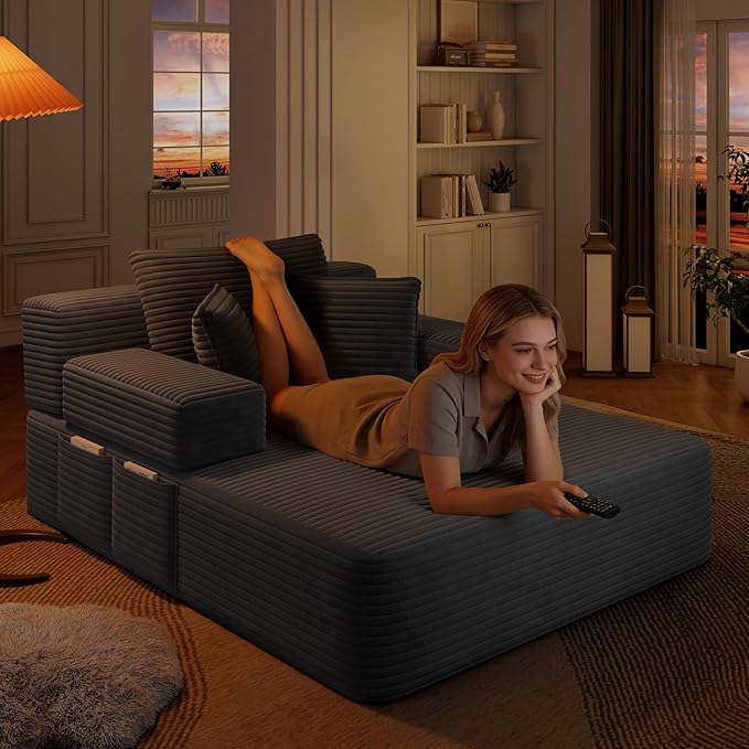 70W Oversized Chaise Lounge Chair Indoor with Adjustable Backrest &amp Storage 2 in 1 Convertible Sleeper Sofa Bed Compression Foam Boneless Couch for Living Room Bedroom Plush Corduroy Dark Grey