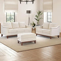 Modern 3 Piece Sofa Set with Rivets Included Chenille Loveseat 2-Seater Sofa Upholstered 3-Seater Couches with Solid Wood Legs and Storage Ottoman Living Room Furniture SetBeige