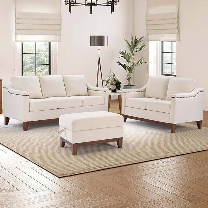 Modern 3 Piece Sofa Set with Rivets Included Chenille Loveseat 2-Seater Sofa Upholstered 3-Seater Couches with Solid Wood Legs and Storage Ottoman Living Room Furniture SetBeige