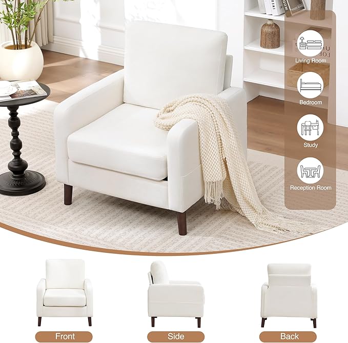 Accent Chair Set of 2 Upholstered Living Room Chairs with Wood Legs and Side Pockets Modern Reading Chair for Bedroom Armchair Single Sofa Side Chair for Office Small Room White