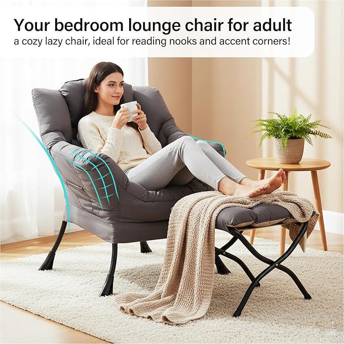 Lazy Chair with Ottoman Modern Accent Chair with Lumbar Pillow Dark Grey Sofa Armchairs with Folding Footrest Oversized Supportive Chairs for Bedroom Reading