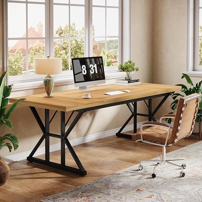 Tribesigns 70.86-Inch Large Executive Desk Industrial Home Office Computer Desk Simple Long Writing Study Table Business Furniture (Light Walnut/Black)