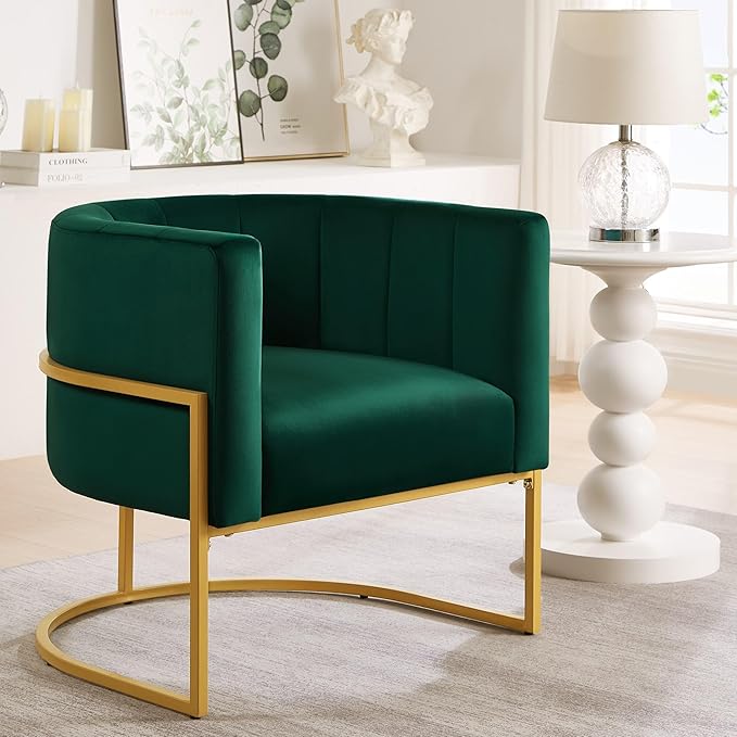 GDFStudio Velvet Accent Chair Mid-Century Living Room Leisure Chair with Golden Metal Stand Upholstered Vanity Chair with Curve Backrest for Bedroom Dining Room Set of 1 Emerald Green