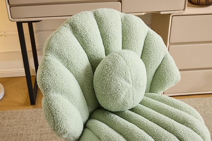 VINGLI Shell-Shaped Teddy Fleece Accent Vanity Chair with BackComfy Green and Gold Desk Chair No WheelsCute Small Pearl Deco PillowGift for Girls/Womenfor MakeupOfficeDiningNailSewingBedroom
