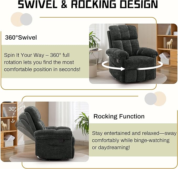 Recliner Chair Swivel Rocker Recliner Chair for Adults Small Recliners for Small Spaces Upholstered Manual Recliner with Side Pockets Nursery Rocking Chair for Living Room Chenille Black