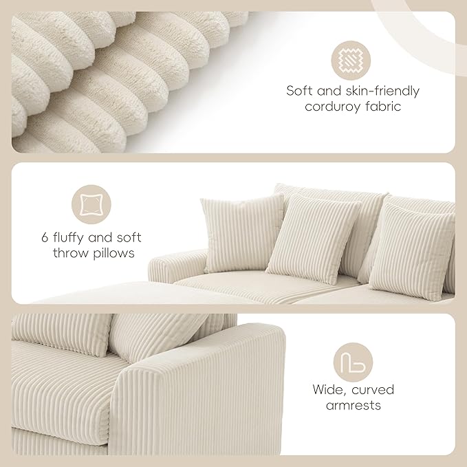 141.5 * 64'' Corduroy Sectional Sofa with Bluetooth Speakers U-Shaped Couch with Console USB Charger Cup Holders and Ottoman Deep and Wide Seat Cloud Sofa for Living Room&ampApartment Cream