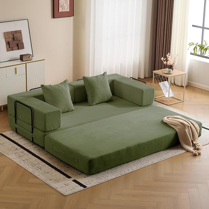 Convertible Sleep Sofa Bed with Armrests and Backrest Corduroy Folding Couch with 2 Pillow Modular Sectional for Living Room Bedroom Studio-No Assembly NeededGreen