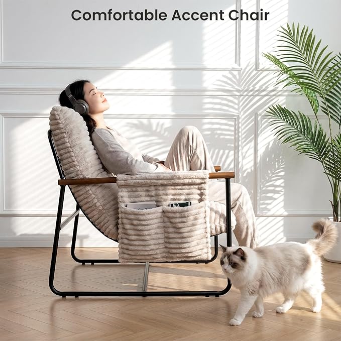 Comfy Accent Chair Modern Living Room Chair Cozy Lounge Chairs Oversized Armchair With Wood Armrests Sturdy Metal Frame Upholstered Reading Chair Soft Cushion sofa Chairs For Bedroom Balcony Porch