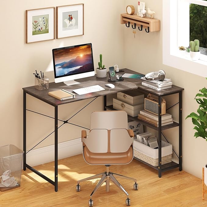 Tangkula L-Shaped Computer Desk with Reversible Shelves 48 Inch Corner Computer Desk Modern Writing Study Desk Home Office Workstation Space Saving Design (48 Inch Gray)