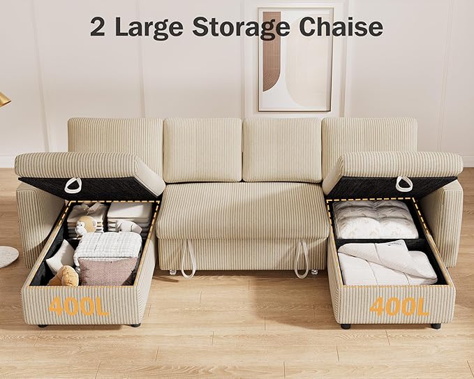 Vipbear 104 Sectional Sleeper Sofa Bed with Pull Out Bed U Shaped Couch Pull Out Couch with Reclining Backrest Reversible Storage Chaise USB Ports Tool-Free Assembly Corduroy Beige