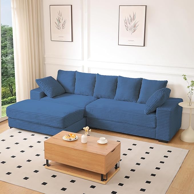 108.6 Corduroy Modular Sectional Sofa with Ottoman &amp Storage Modern Deep-Seat L-Shaped Sectional with 8 Pillows Cloud-Like Couch for Living Room Office &amp Apartment Blue