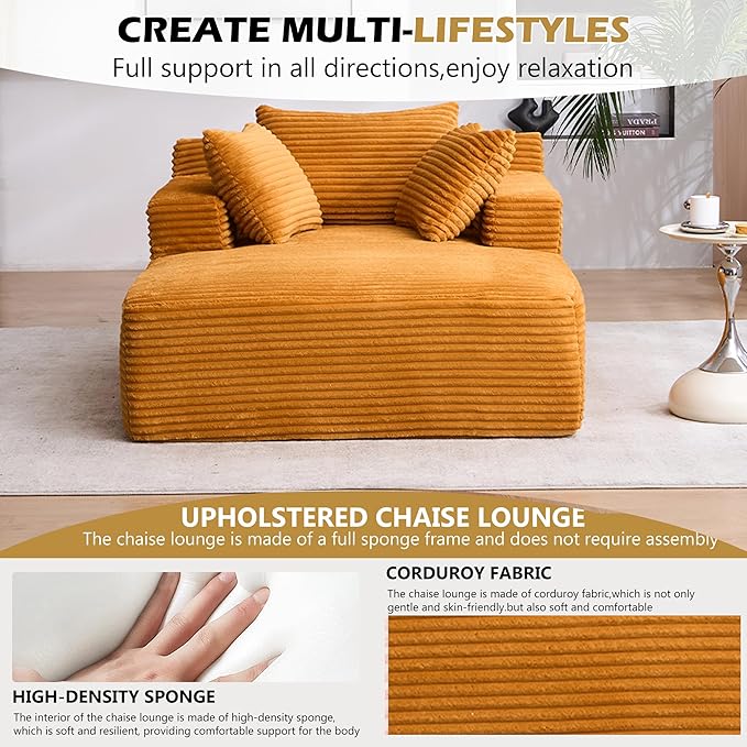 62 Chaise Lounge Chair Boneless Corduroy Sleep Sofa Bed with Three Soft Pillows Convertible Oversized Recliner Chair for Living Room Small Spaces Yellow