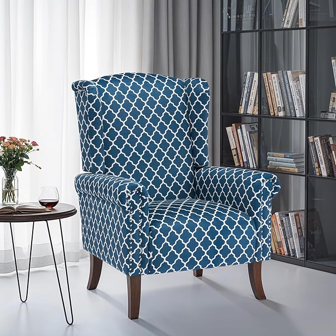 Modern Plaid Accent Chair Mid-Century Upholstered Wingback Armchair Club Sofa Chair with Wooden Legs Living Room Chair for Bedroom Balcony Lounge (Blue Check)