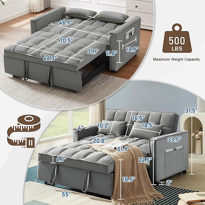 55'' 3-in-1 Sleeper Loveseat 2-Seater Pull Out Couch Velvet Futon Sofa Adjustable Backrest Reclining Sofa Bed with Pillows Pockets Perfect for Small Spaces Living Room Furniture Grey