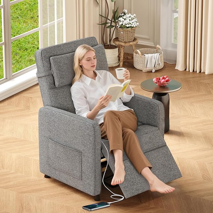 GarveeHome Recliner Chair Living Room Electric Recliner Adjustable Power Reclining Chair for Adults Home Theater Seating with Side Pockets &amp USB Port - Gray