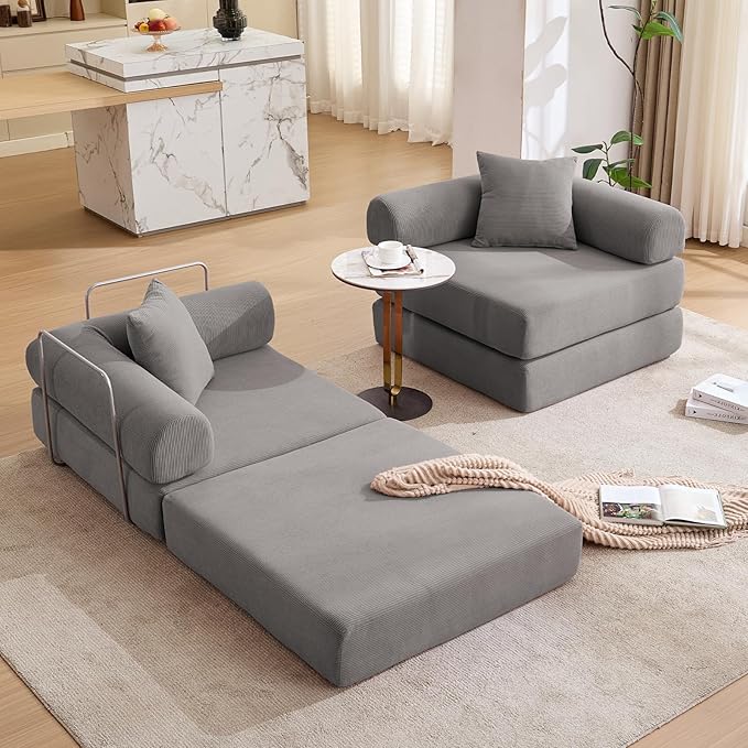 73 Convertible Modular Folding Sofa Bed 5-in-1 DIY Combination Fold Out Sleeper Sofa Bed Loveseat sleeper Couch with Removable Armrests Corduroy Floor Couch Small couches for small spaces Gray