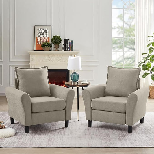 2 Sets Sofa Accent Chair 35 Reading Chair for Bedroom Modern Linen Fabric Armchair Single Sofa Chair Comfy Arm Chairs for Living RoomBedroom Beige