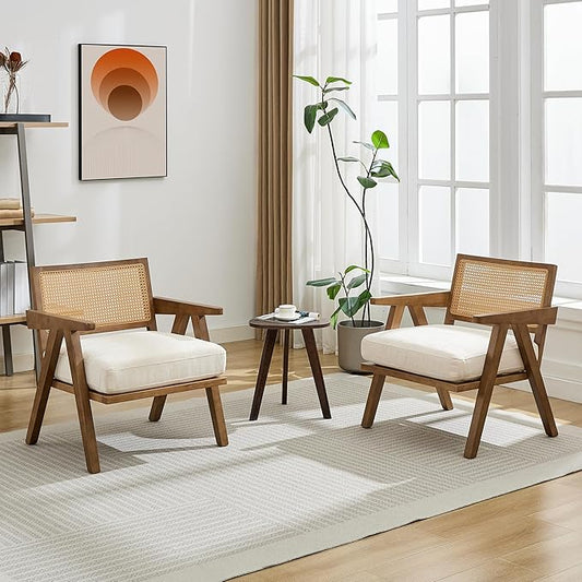 GarveeHome Mid-Century Farmhouse Accent Chair - Wood Armchair with Rattan Backrest &amp Linen Cushion for Living Room Bedroom - Beige Easy Assembly(2 Pcs)