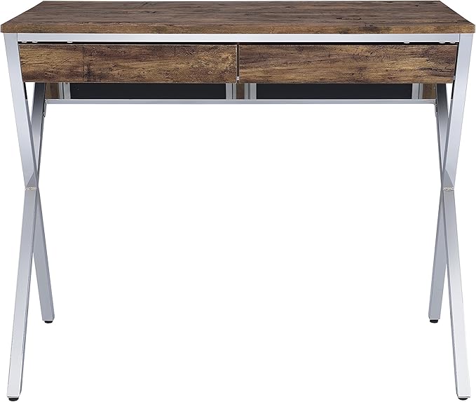 Weathered Oak &amp Chrome Finish Writing Desk Workstation Computer Desk for Study and Home Office