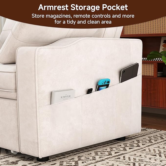 Loveseat Sofa Bed 3-in-1 Convertible Sleeper Sofa Chenille Fabric Pull Out Couch with USB Charging Ports 5 Level Adjustable Backrest Cup Holders for Living Room Sunroom Study Beige