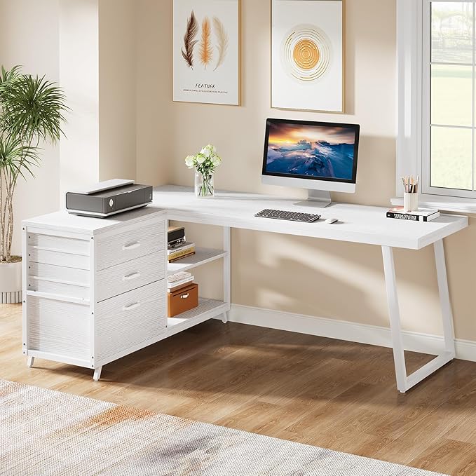 Tribesigns 53 L Shaped Office Desk Reversible Corner Computer Desk with 3 File Drawers and 2 Storage Shelves for Home Office Study Gaming Room (White)
