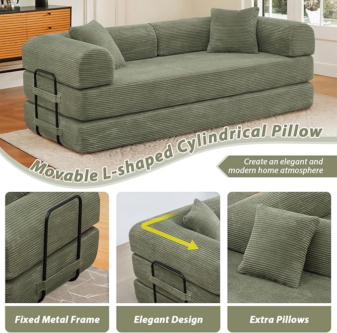 78 Convertible Sleeper Sofa Bed with Cylindrical Pillow Corduroy Folding Mattress Couch with Fixed Frame Floor Sofa Lounge Couch for Living Room Bedroom Apartment Light Green