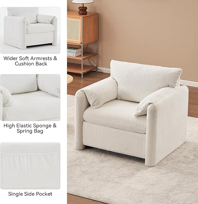 Chenille Oversized Armchair 34.8 Accent Chairs with Resilience Cushion Upholstered Reading Lounge Chair Comfy Single Sofa Chair for Living Room (White-with no Swivel)