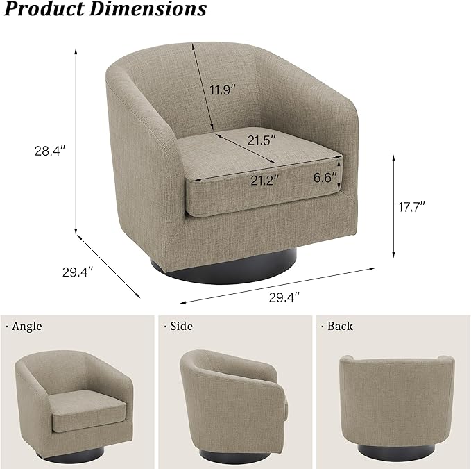 Swivel Barrel Accent Chair Modern Round Linen Arm Chair for Living Room Bedroom Comfy Club Reading Chairs for Adults（Linen Fabric Light Brown Set of 4
