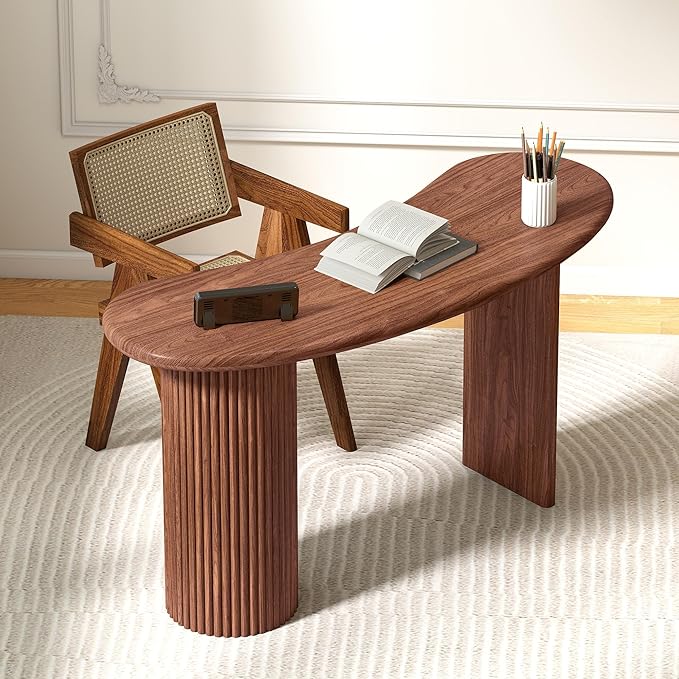 LEVNARY 54.3 Curved Small Computer Desk Wooden Executive Desk with Sturdy Fluted Legs Modern Luxury Corner Single Writing Vanity Desk for Bedroom Living Room Home Office (Walnut)