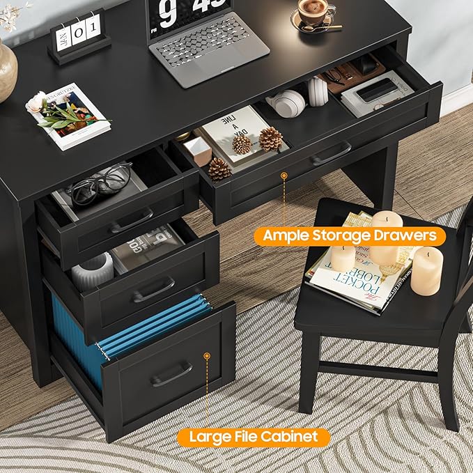Vabches Farmhouse 47 Executive Desk with File Drawer Workstation for Home Office Study WritingWood Computer Desk with 3 Storage Drawers.(Black