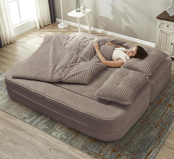 Sleeper Sofa with Chaise Lounge Convertible Sectional Couch Bed Plush Corduroy 3-Seat Sofa with Blanket Deep Seat King Size Sleeper for Small Apartment No Assembly Required (Coffee)