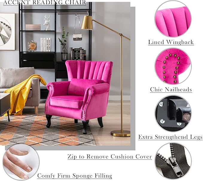 Mid Century Modern Accent Chair Upholstered Armchair Comfy Velvet Fabric Single Sofa with Lined Wingback for Small Spaces Bedroom Living Room Velvet Hot Pink