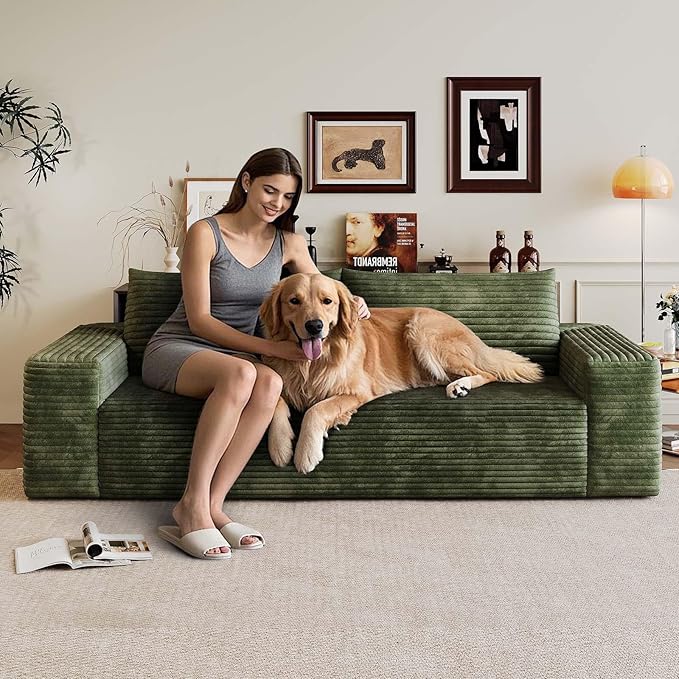 63 Cloud Loveseat Sofa Modern Corduroy Boneless Couch with Deep Seat Memory Foam Comfy 2 Seater Foam Floor Couches for Living Room Bedroom Apartment No Assembly Required Green