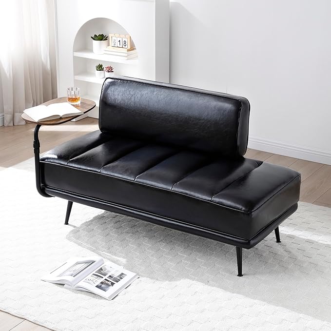 Modern Upholstered End of Bed Bench with 360-Degree Swivel Tray 2 Seater Sofa Couch with Side Table Settee Bench with Metal Legs Backrest for Living RoomEntrywayFoyer (PU-With Tray Black)