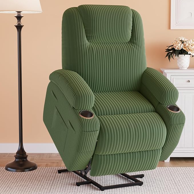 Flamaker Power Lift Chair Massage Recliner Chairs for Elderly Corduroy Ergonomic Design with Cup Holders &amp Side Pockets Remote Control (Green)