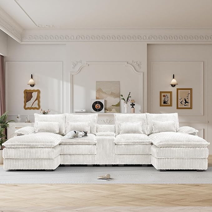 124 Cloud Couch Sectional U Shaped White Sectional Couches for Living Room Plush Soft Comfy Fluffy Corduroy Couch Sectionals Modular Sectional Sofa with Chaise &amp Central Console